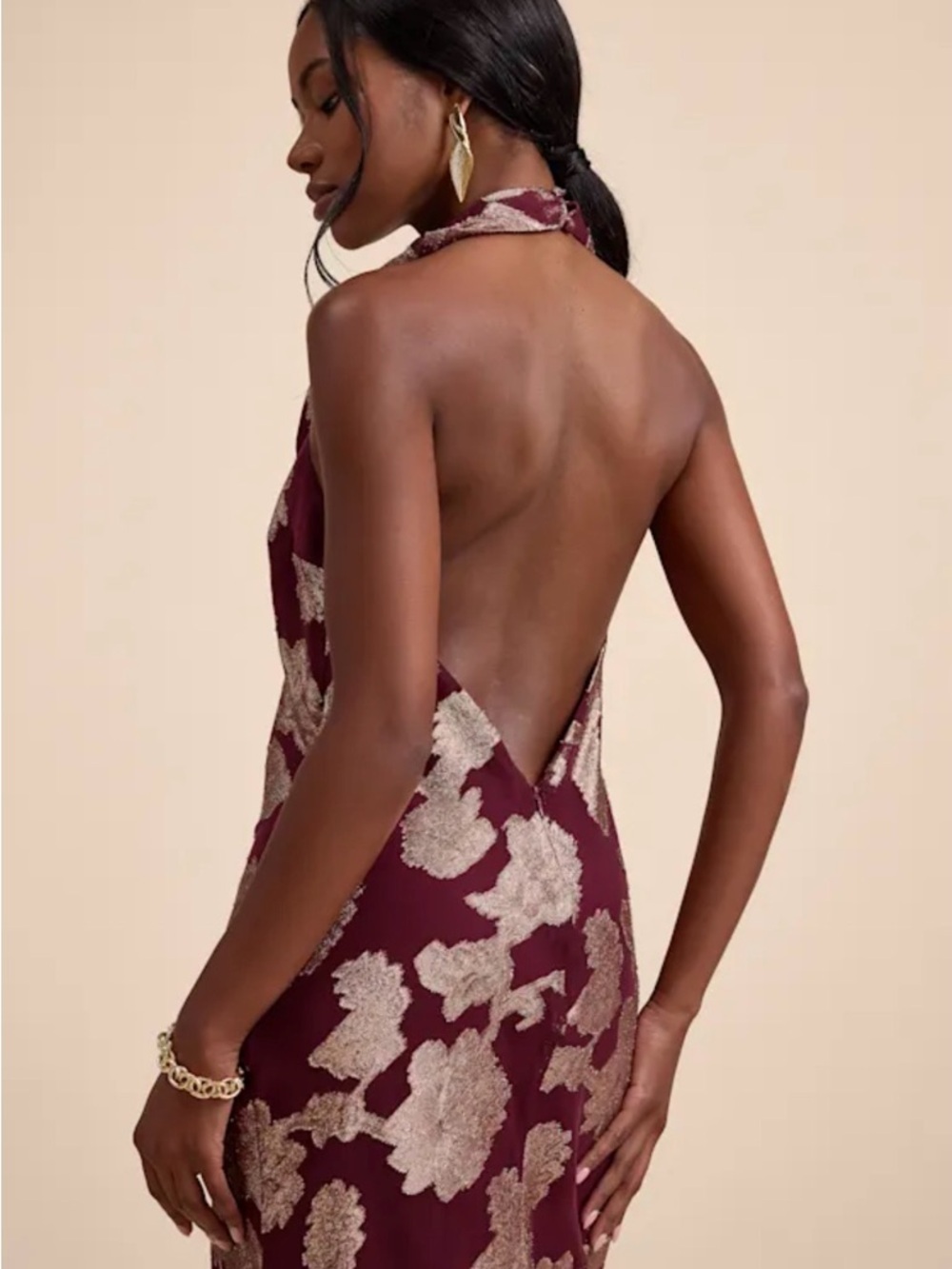 Lulus Zafira Burgundy And Gold Burnout Cowl Halter Maxi Dress Red - Size L - Picture 5 of 7